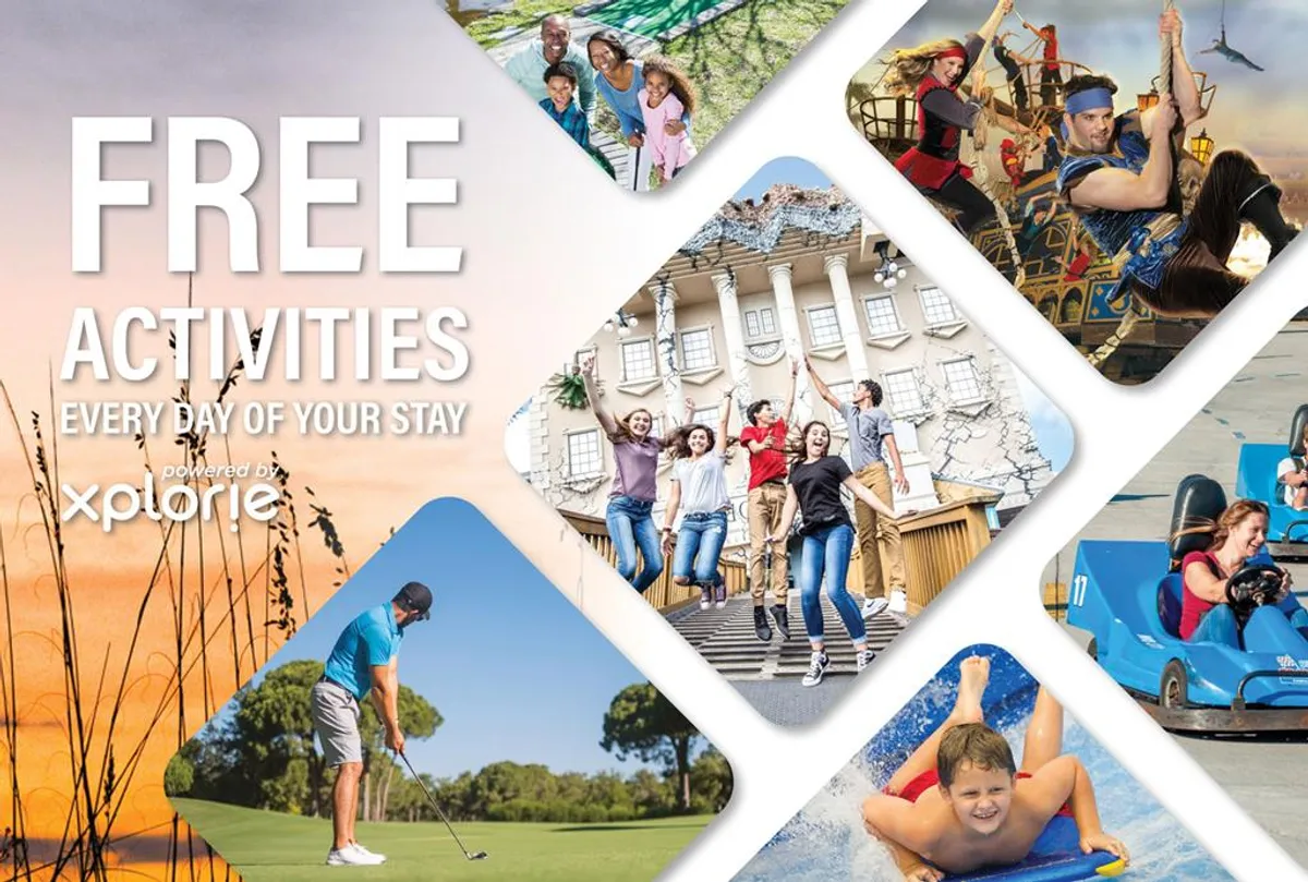This vibrant interior collage captures families enjoying a variety of recreational activities: children playing, golfing, water activities, amusement attractions, and sightseeing in exotic surroundings. The mood is playful and energetic, evoking the spirit of fun and the benefits of the Free Fun Program.
